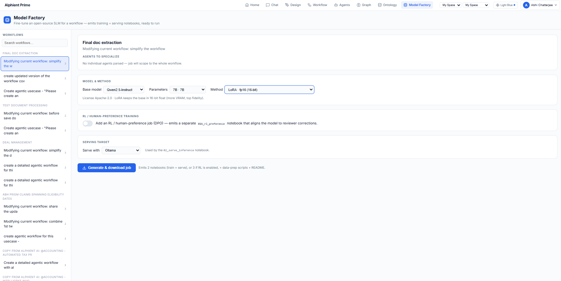 Model Factory — select workflow, model and method