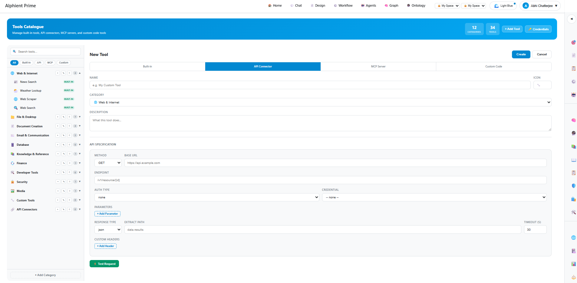 API Connector Builder with Test Request